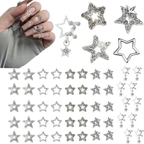 50pcs Silver of star nail accessories，Star Nail Charms 5 types 3D alloy nail accessories Nail Jewels Accessories，for Nail Art Supplies Manicure Craft DIY handicraft jewelry nail accessories