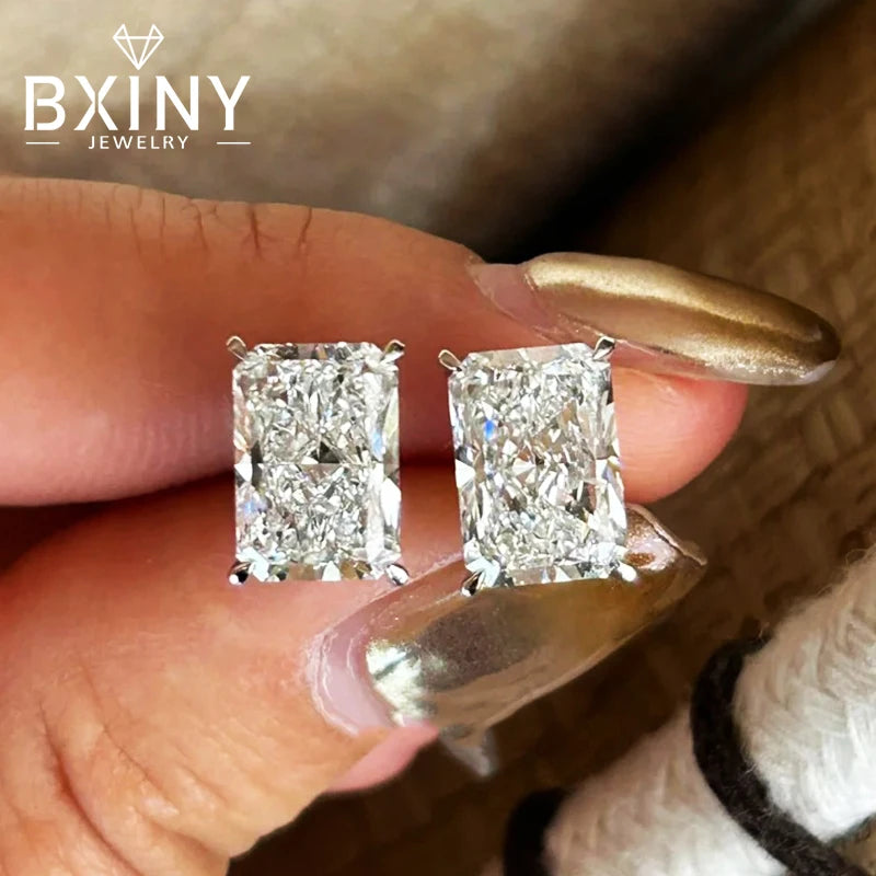 BXINY Emerald Cut Moissanite Stud Earrings 100%S925 Silver Certified Lab Diamond Ear Studs for Women Men Party Gift Fine Jewelry